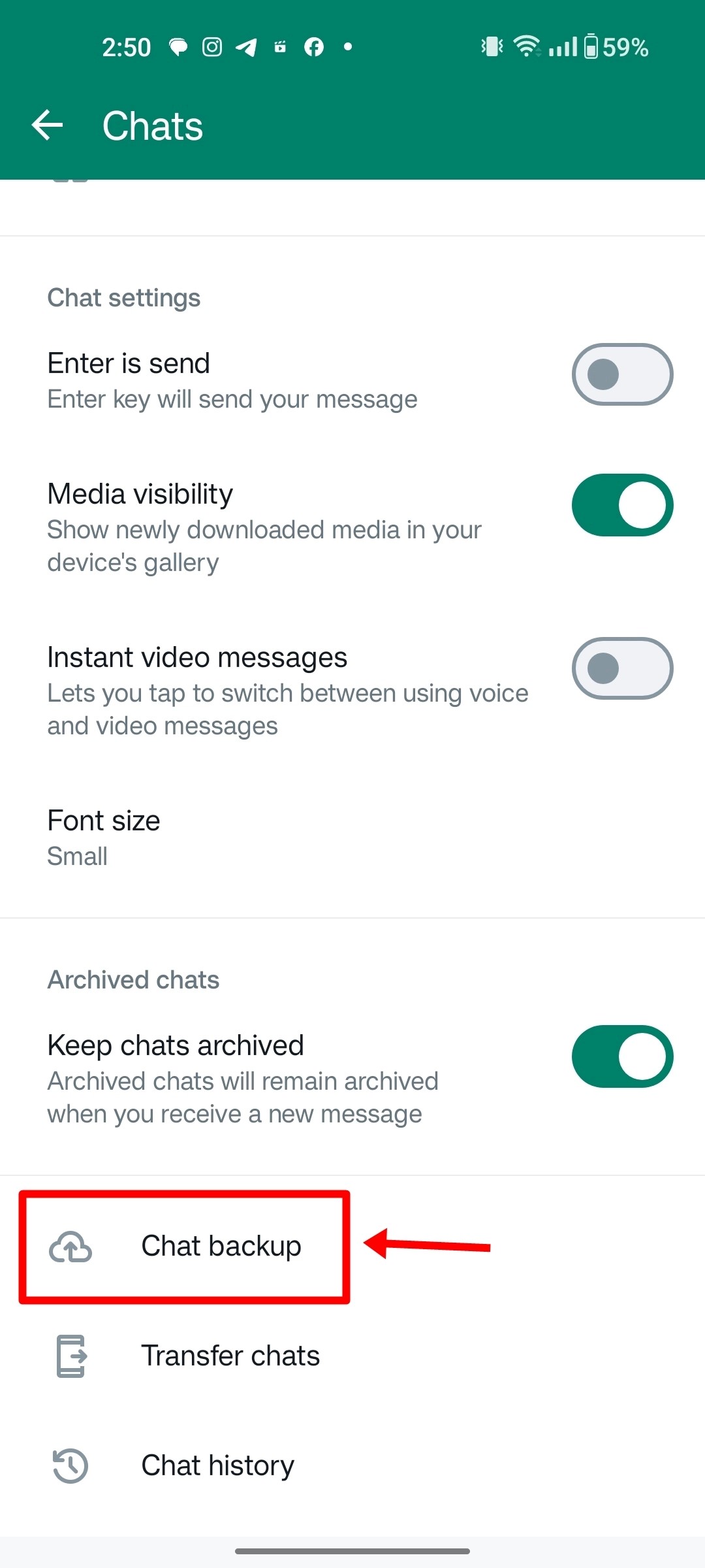 clicking on chat backup to restore whatsapp business backup