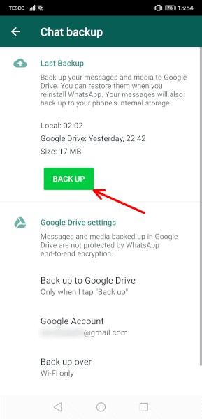 selecting the backup button to restore whatsapp business chat backup