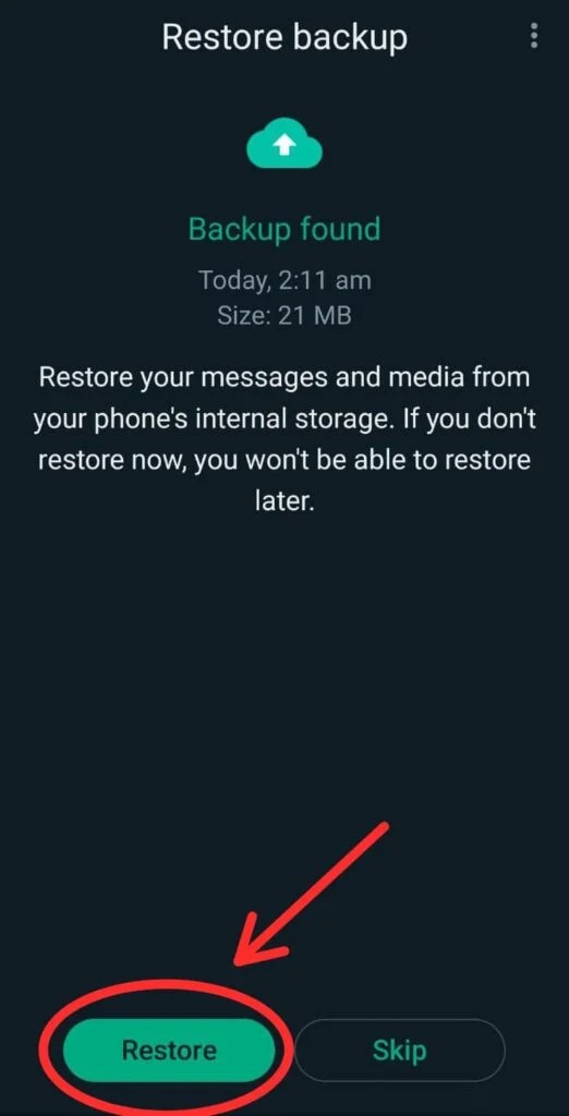 how to restore whatsapp business backup - clicking on the restore button
