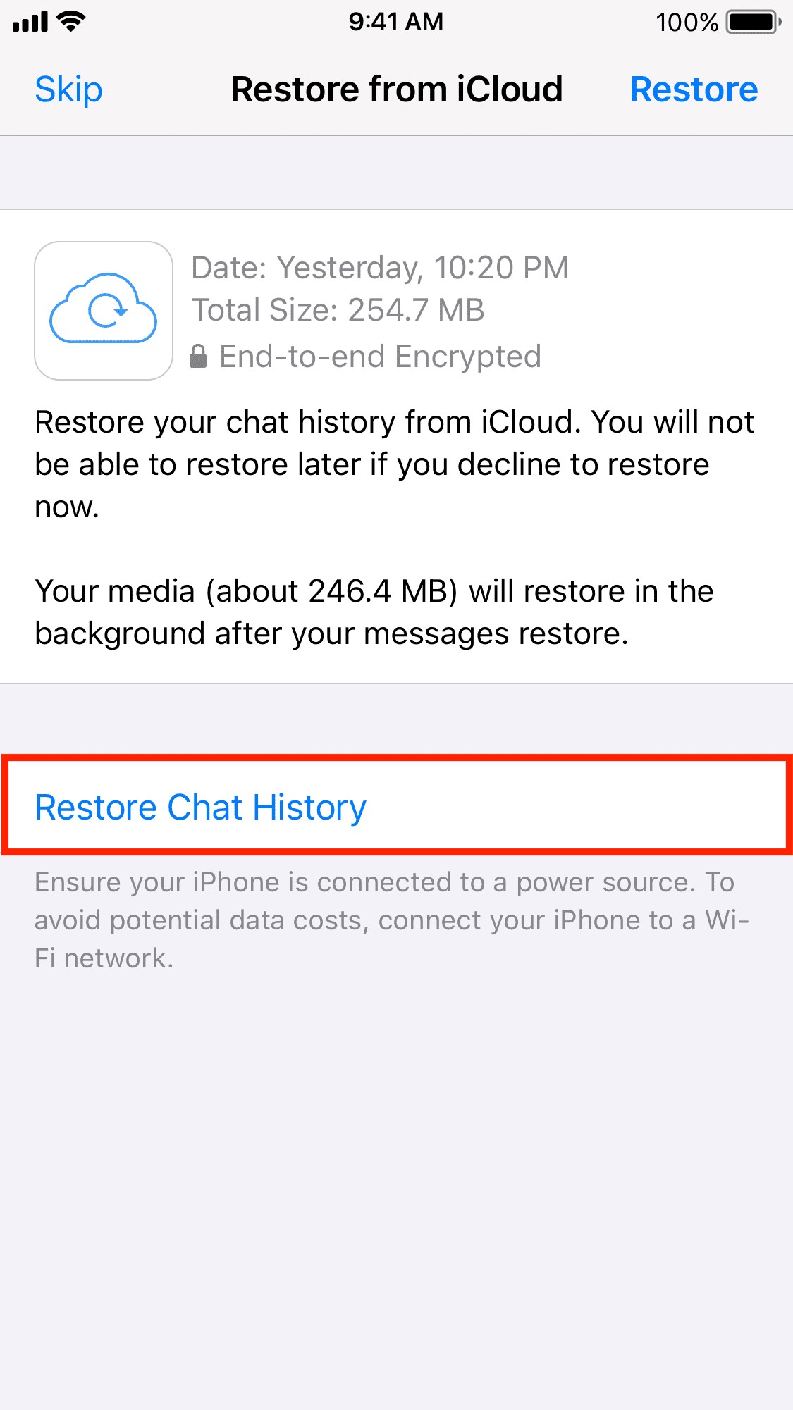 selecting the restore chat history button to restore whatsapp business backup