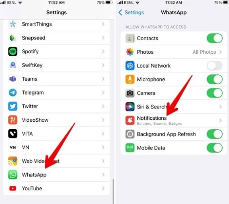 check if whatsapp notifications are disabled in settings on your iphone