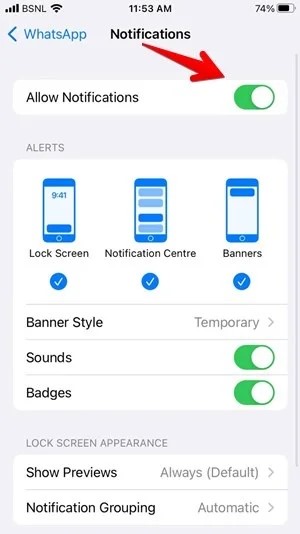 s'assurer que la fonction d'autorisation des notifications est activée