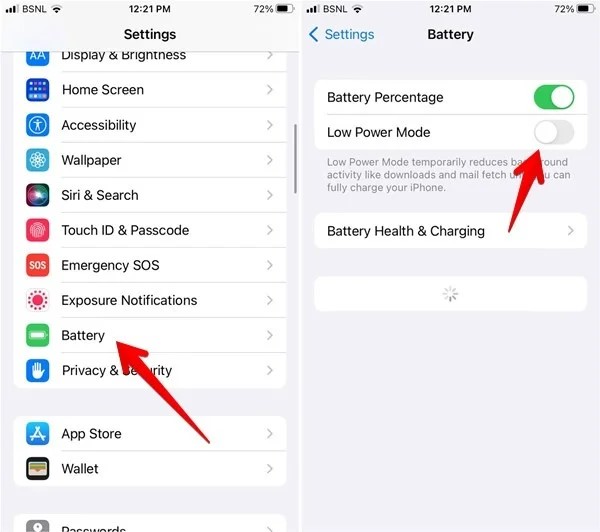 Disattiva la modalità a basso consumo su iphone per iniziare a ricevere le notifiche di WhatsApp