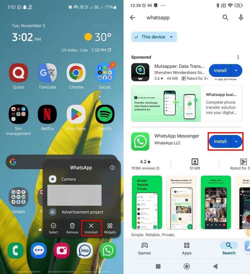 uninstall whatsapp android to install