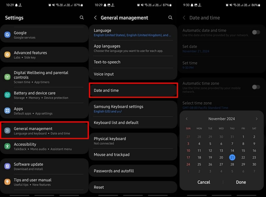 access date and time settings 