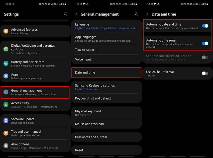 enable automatic date and time zone