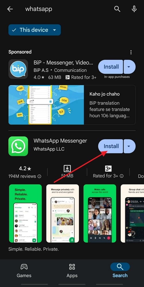 install whatsapp on android again