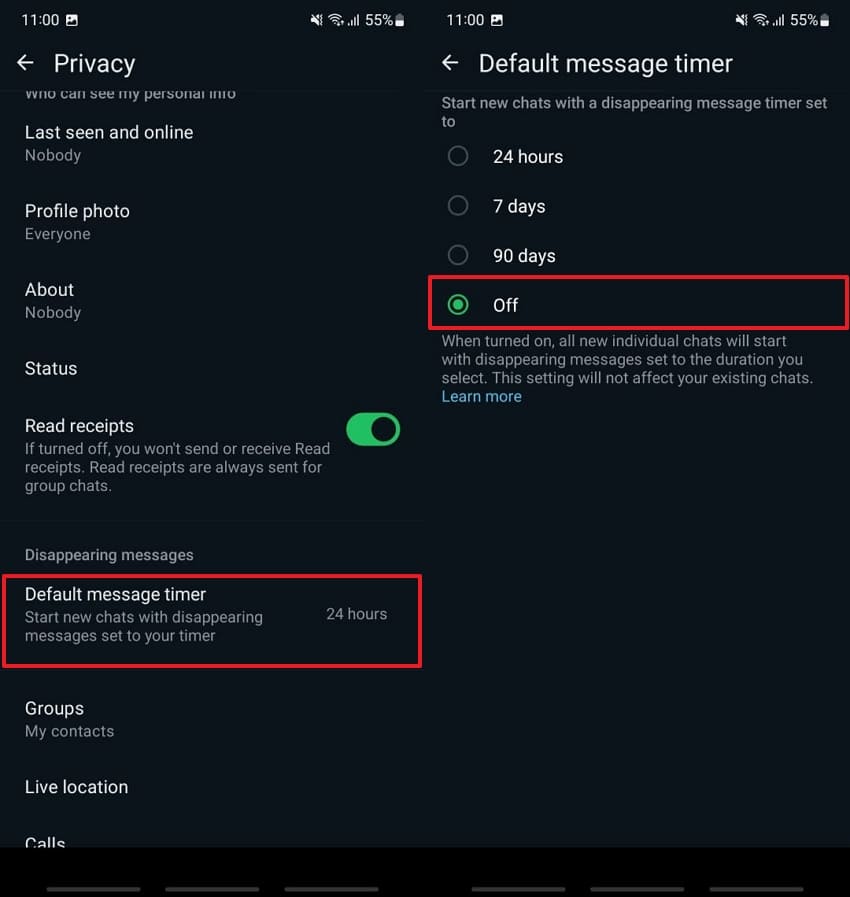 turn off default message timer