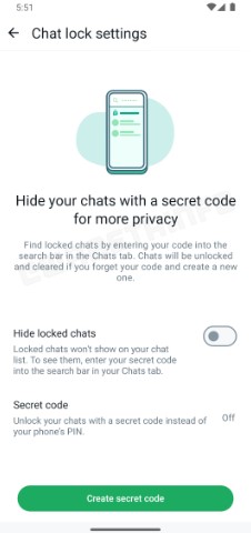 Configure um código secreto exclusivo para adicionar uma camada extra de privacidade aos seus bate-papos