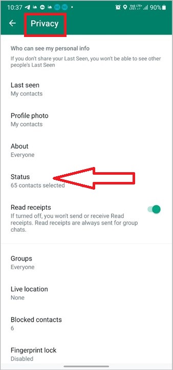 status option on the privacy page