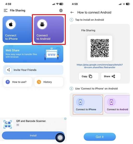 select connect to android on iphone