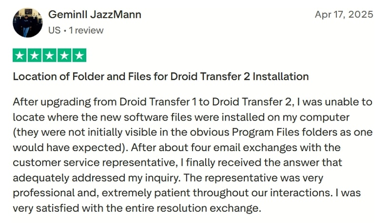 positive review about droid transfer