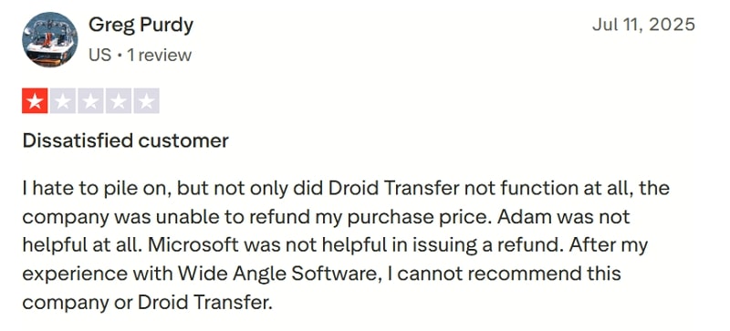 negative review about droid transfer
