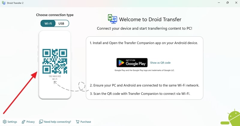 scan qr code on droid transfer tool