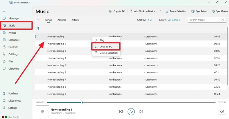 export data through droid transfer