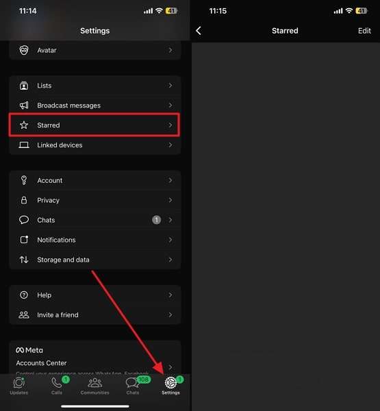 select starred from iphone settings