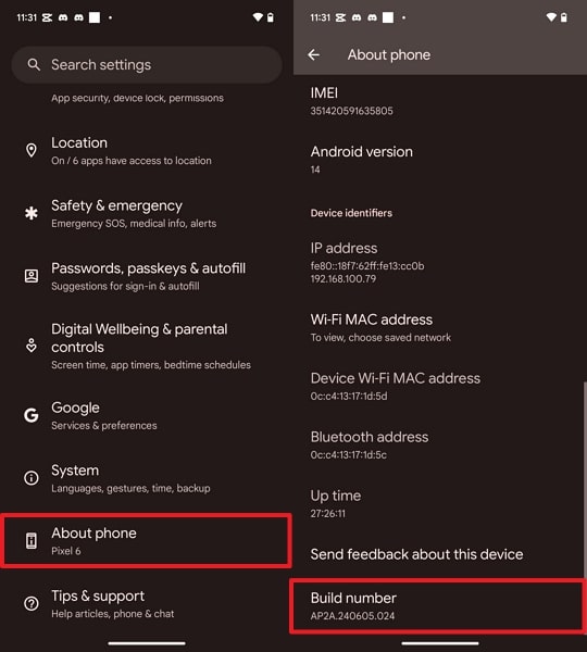 tap build number for 7 times