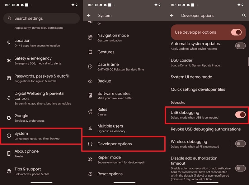 enable usb debugging on pixel