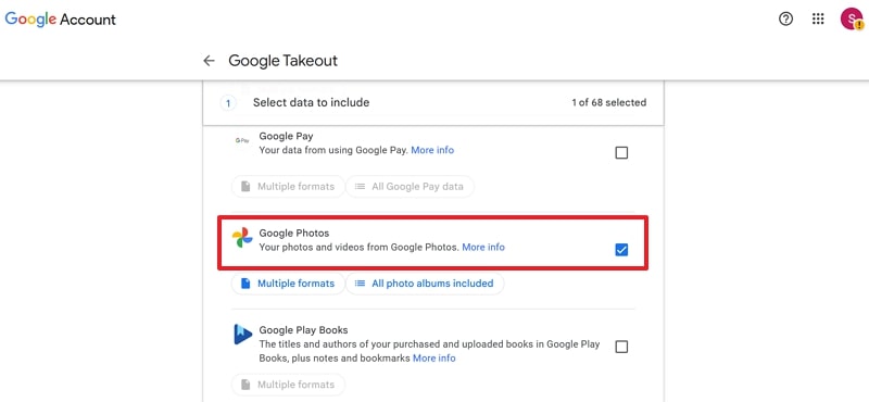 deselect all and check google photos