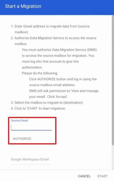 enter source email address
