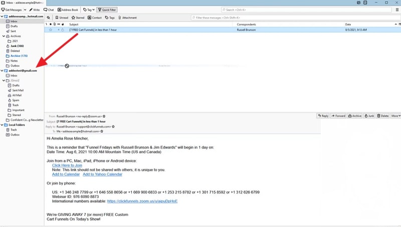 drop email into newly added account