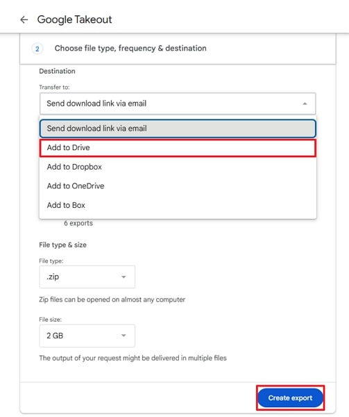 add to drive and create export