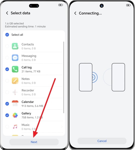 select data and begin transferring