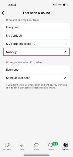 iphone last seen settings on whatsapp