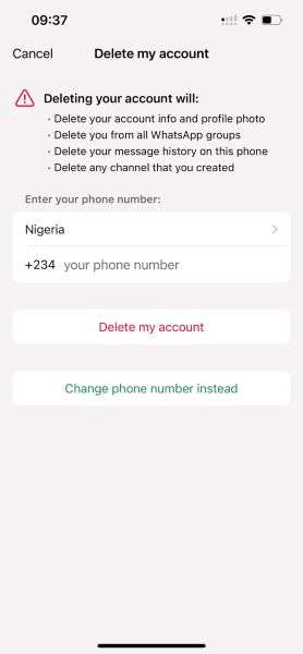 delete whatsapp account on iphone 