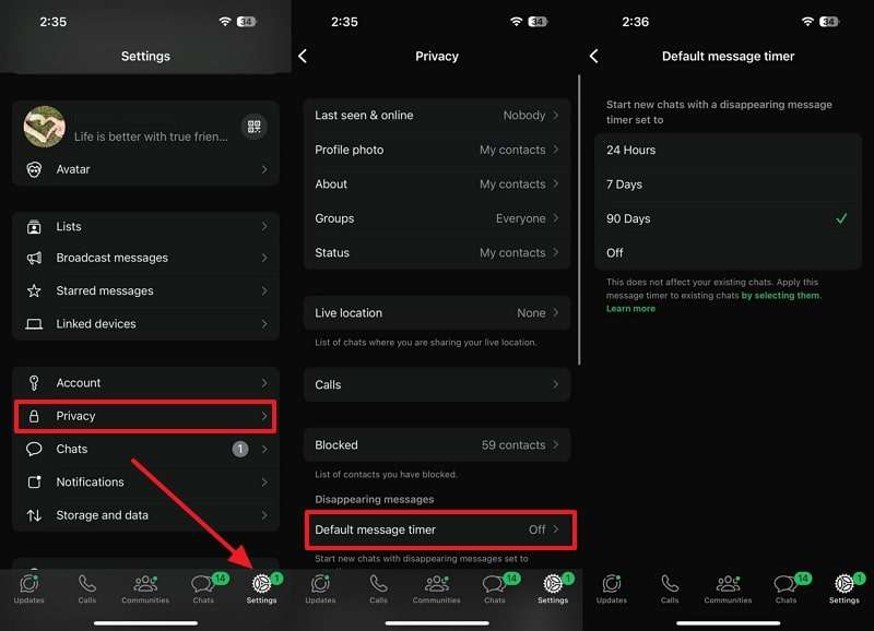 ensure no default message timer