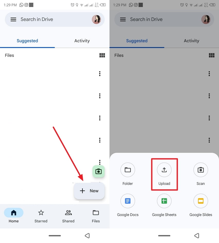 upload data on android google drive 