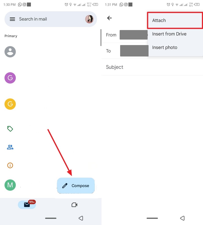 compose email and attach data android 