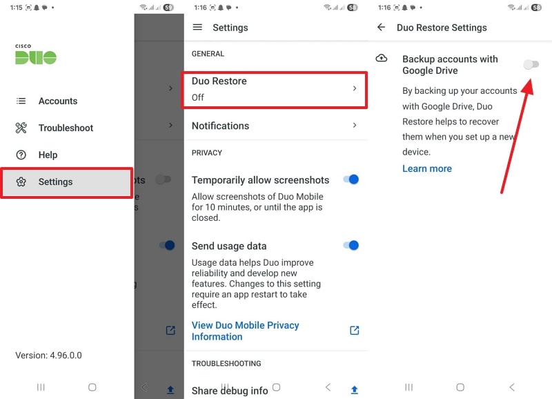 toggle google drive in due restore