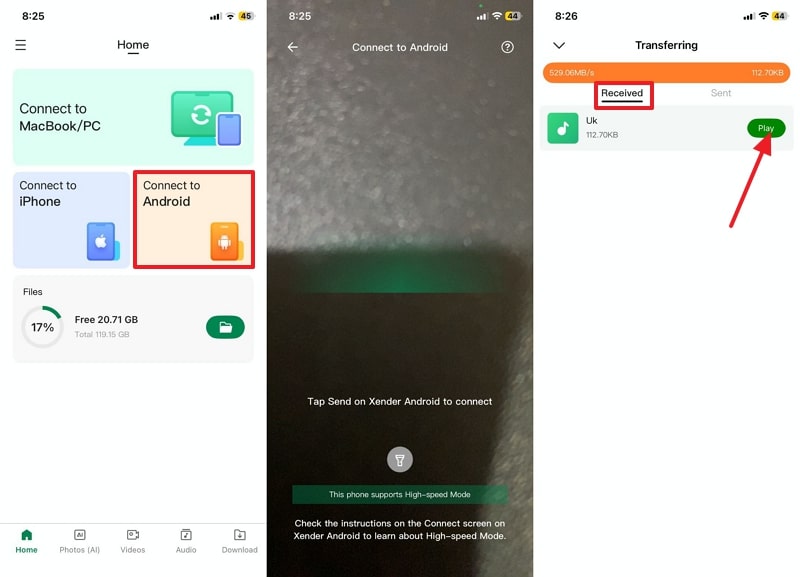 connect to android and receive music