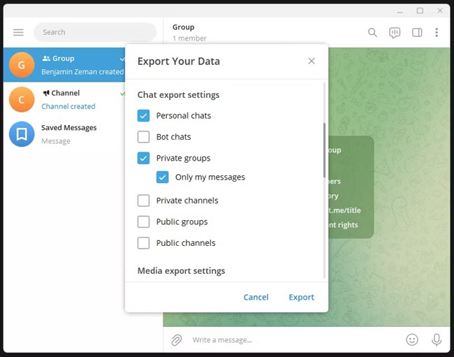 export telegram chats data