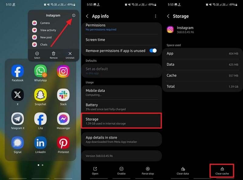 clear cache of instagram app