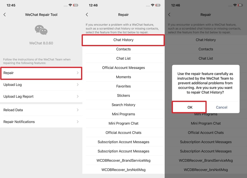continue to repair chat history wechat