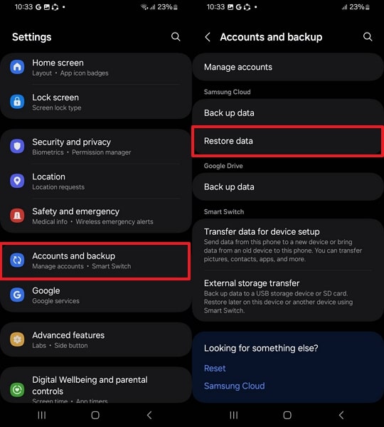 select restore data on android