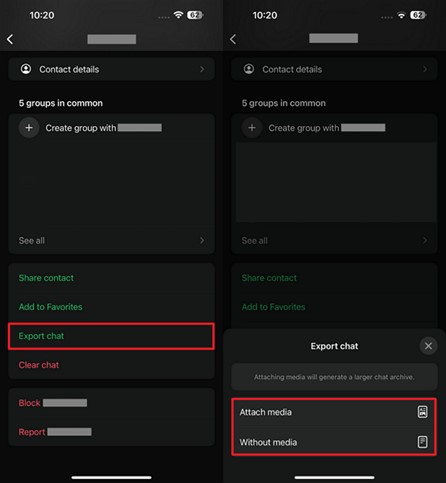 choose whatsapp business export chat