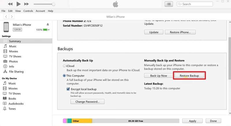 restore backup from itunes