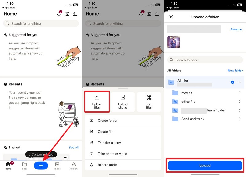upload iphone video to dropbox account