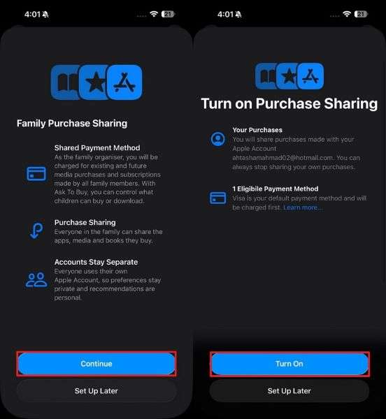 turn on purchase sharing