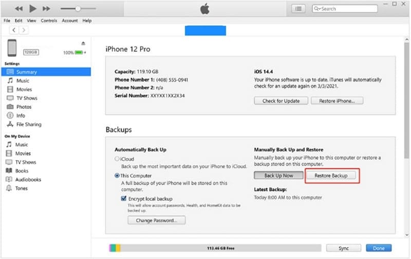 click restore backup itunes