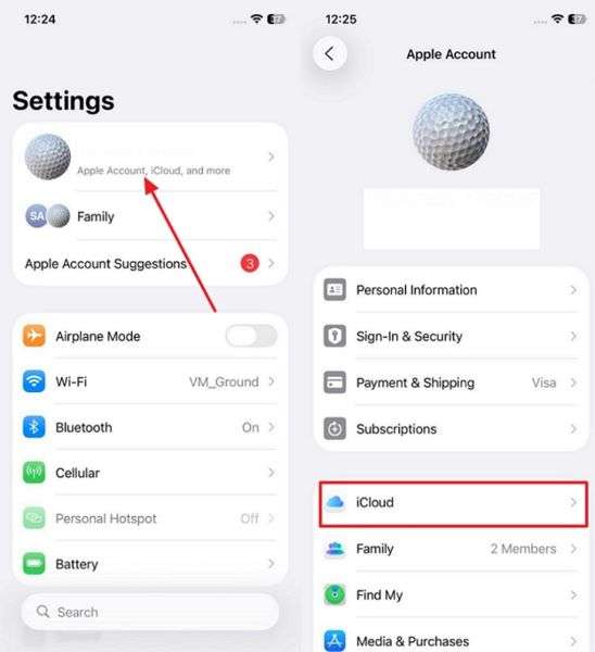 navigate to iphone icloud settings