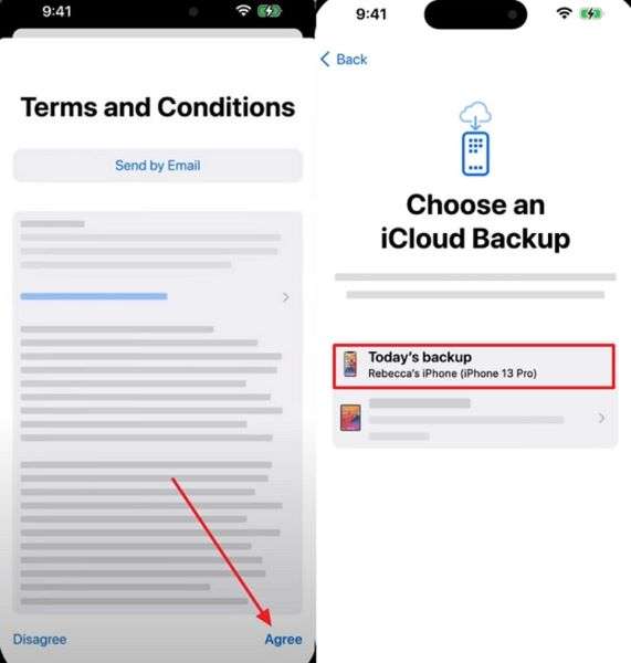select backup on new iphone