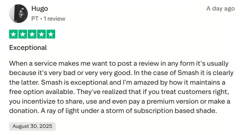 positive review about smash file transfer