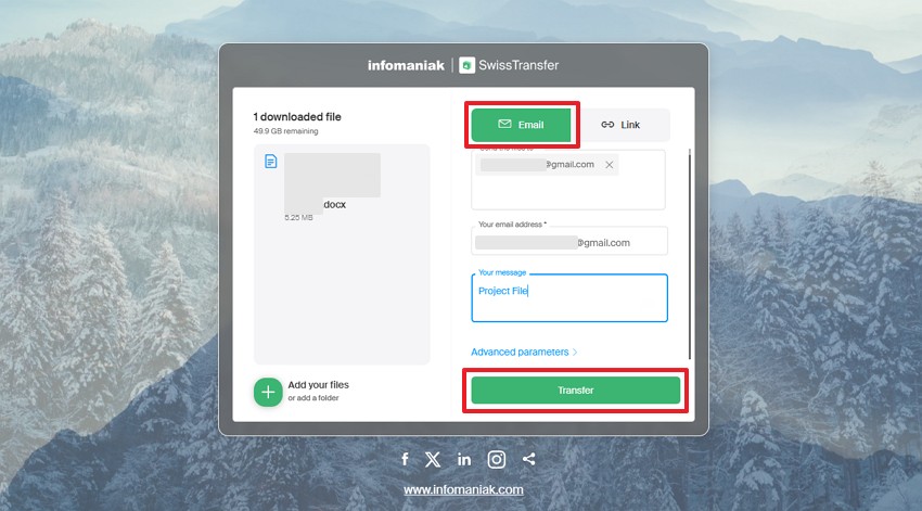enter email addresses and tranfer