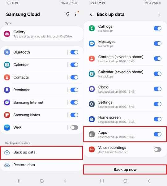 toggle apps and back up data
