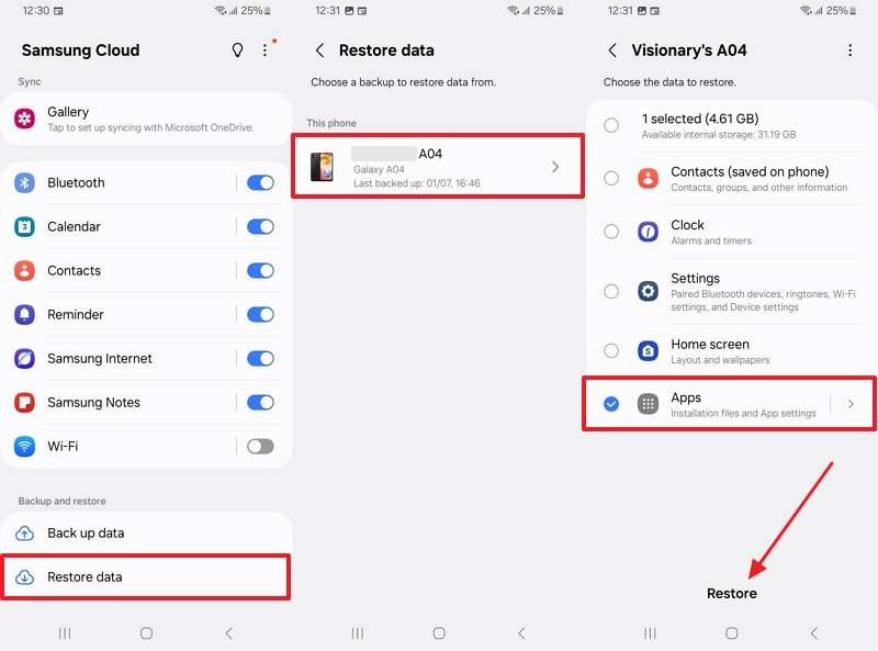 restore data via samsung cloud