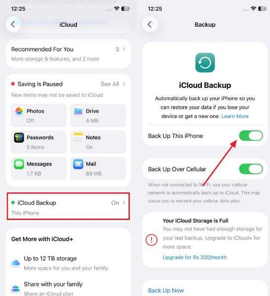 enable backup this iphone